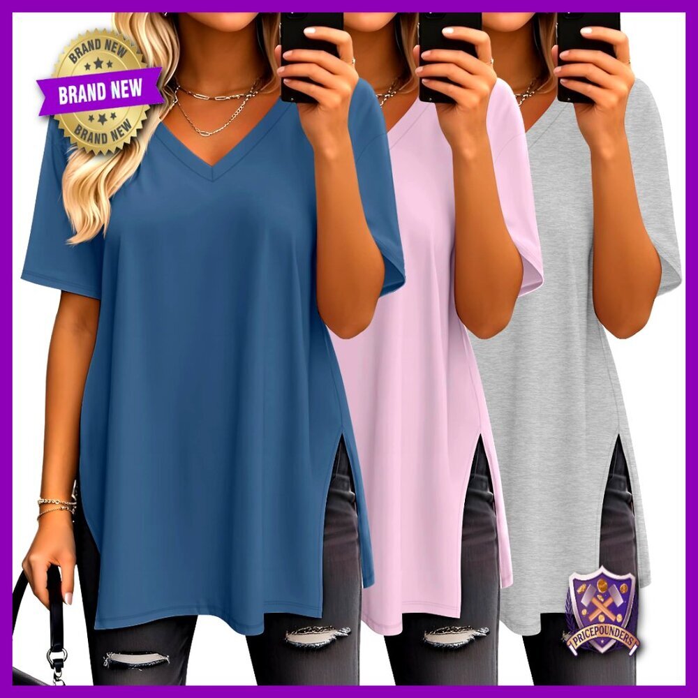 Oversized V-Neck T-Shirts 3 Pack Side Split Tees Loose Fit Workout Casual